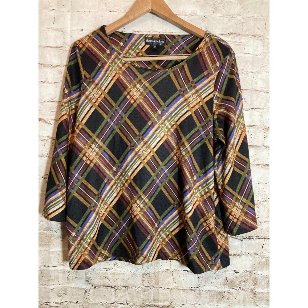 Thomas & Olivia Top Womens XL Dark Rust Plaid Check Flared Sleeve Stretch